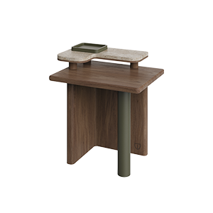 Maurier side table, 45-degree front view. A single cylindrical leg wrapped in supple leather flows into a balanced wooden frame, supporting a smooth travertine tabletop. A small removable leather tray rests atop, blending practicality with understated elegance.