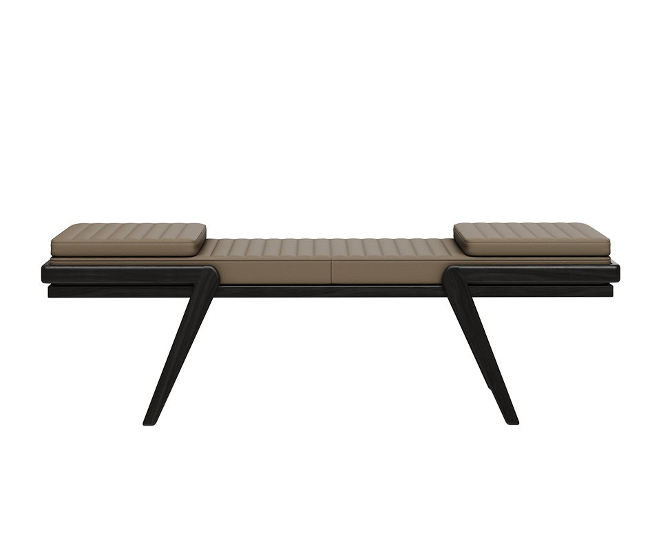 Milton Bench with a black stained ashwood frame and beige leather upholstery, combining warm tones and refined craftsmanship.