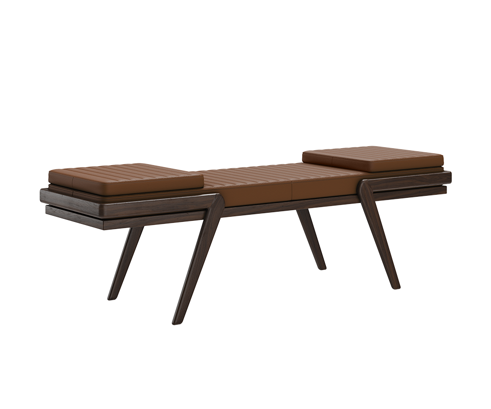 Milton Bench Milton Bench 45º view with a smoked walnut wood frame and orange leather upholstery, combining warm tones and refined craftsmanship.
