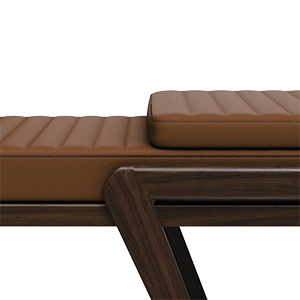 Close-up of the Milton Bench highlighting the orange leather texture and the walnut wood grain.