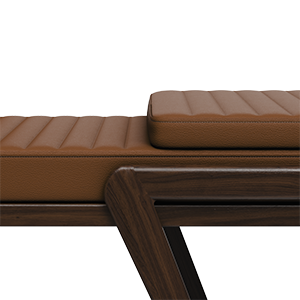 Close-up of the Milton Bench highlighting the orange leather texture and the walnut wood grain.