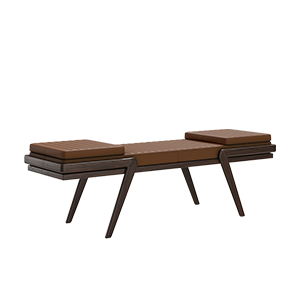 Milton Bench with a smoked walnut wood frame and orange leather upholstery, combining warm tones and refined craftsmanship.