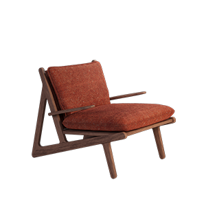 O Gemini disse The Moore Armchair features a Mid-century modern design with a distinct sculptural solid wood frame in a dark walnut finish. It is characterized by its triangular, open-frame side profiles and slender, tapered legs. The chair is upholstered with plush terracotta-colored textured fabric cushions on both the seat and the backrest, offering a warm and sophisticated aesthetic.