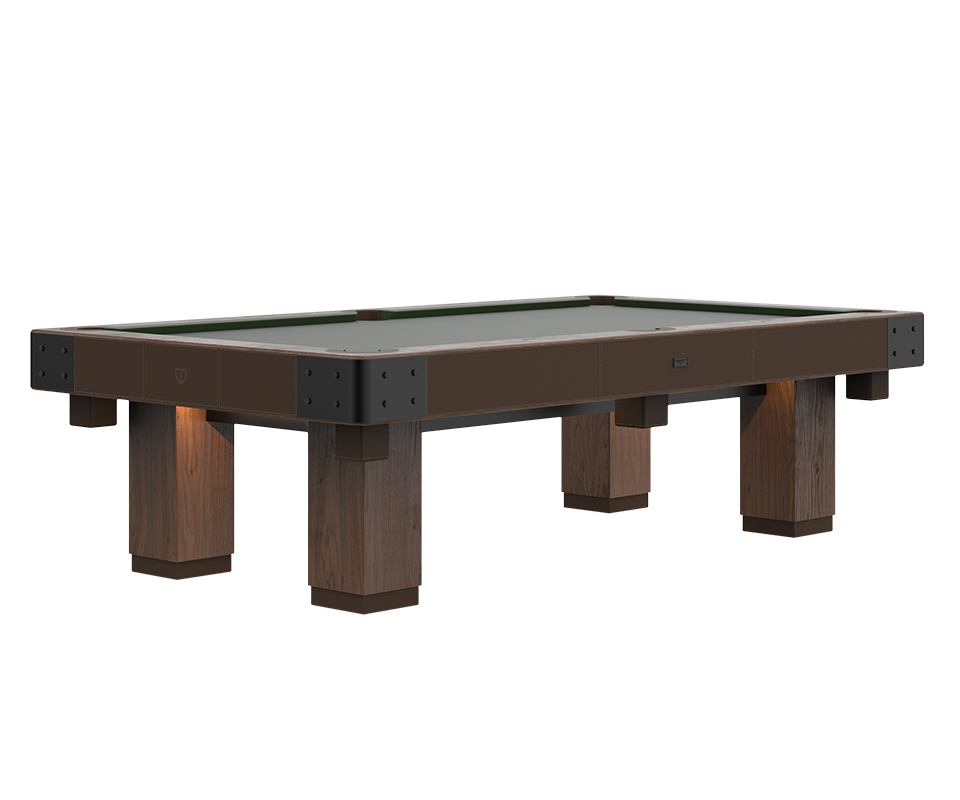 Morley Pool Set 45, front view with lights on, on a white background. Smoked walnut table with powder-coated stainless steel, brushed aged brass, leather, and billiard cloth details, with matching smoked walnut cue rack.