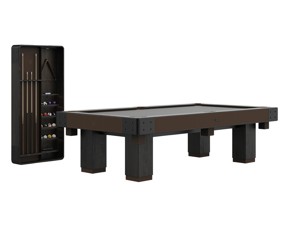 Morley Pool Set 45, front view with lights off, on a white background. Black stained ashwood table with powder-coated stainless steel, brushed aged brass, Siza 452 leather, and light brown billiard cloth details.