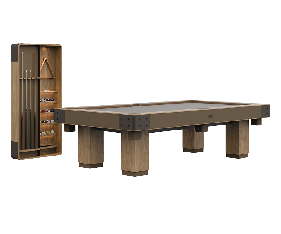 Morley Pool Set 45, front view with lights off, on a white background. Natural oak table with powder-coated stainless steel, brushed aged brass, Siza 453 leather, and light brown bordeaux billiard cloth details.