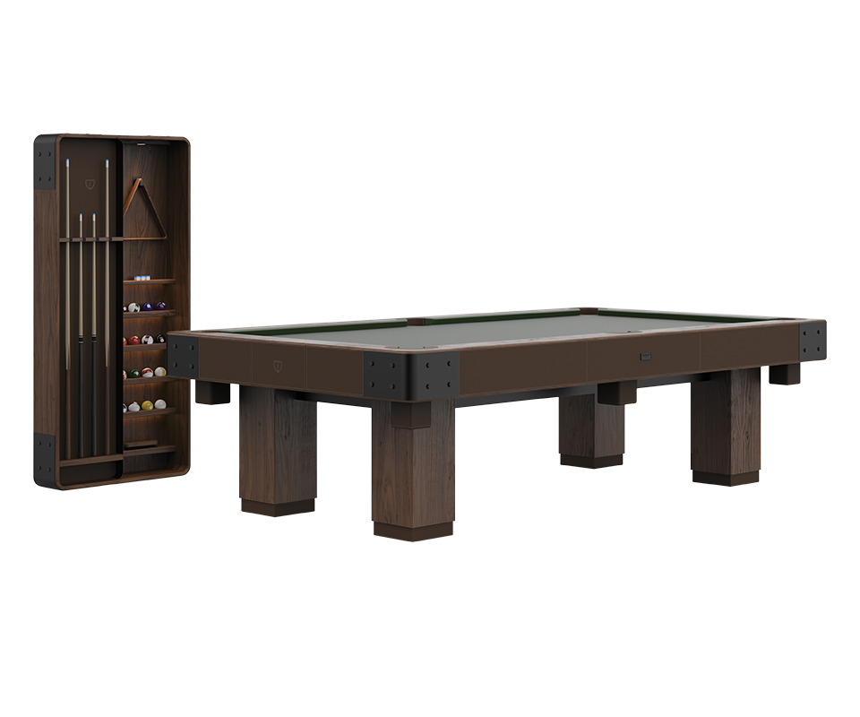 Front view of the Morley Pool Set 45 with lights off, featuring a smoked walnut pool table and cue rack with stainless steel, aged brass, leather, and billiard cloth details on a white background.