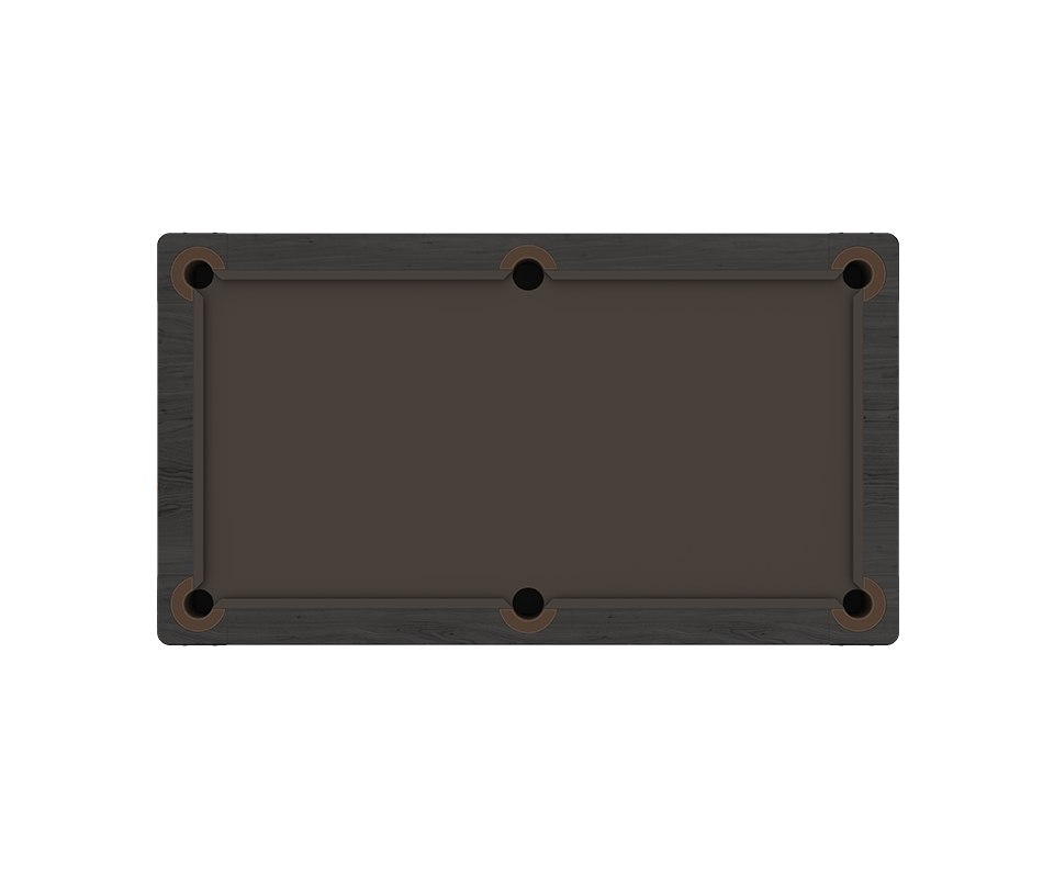 Morley Pool Set, top view, on a white background. Black stained ashwood table with powder-coated stainless steel, brushed aged brass, Siza 452 leather, and green billiard cloth details.