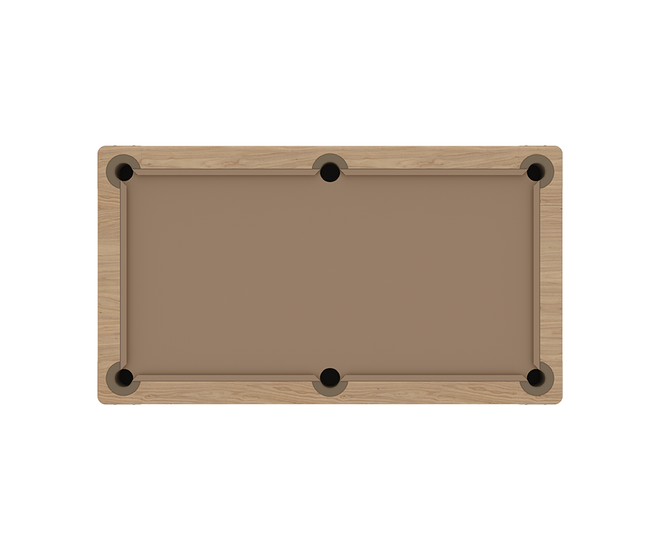 Morley Pool Set, top view, on a white background. Natural oak table with powder-coated stainless steel, brushed aged brass, Siza 452 leather, and green billiard cloth details.