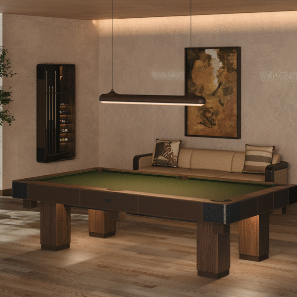 Morley Limited-Edition Pool Table in a living room setting, illuminated by Bruce Suspension lighting, with the Kimberley Sofa and warm mood lighting.