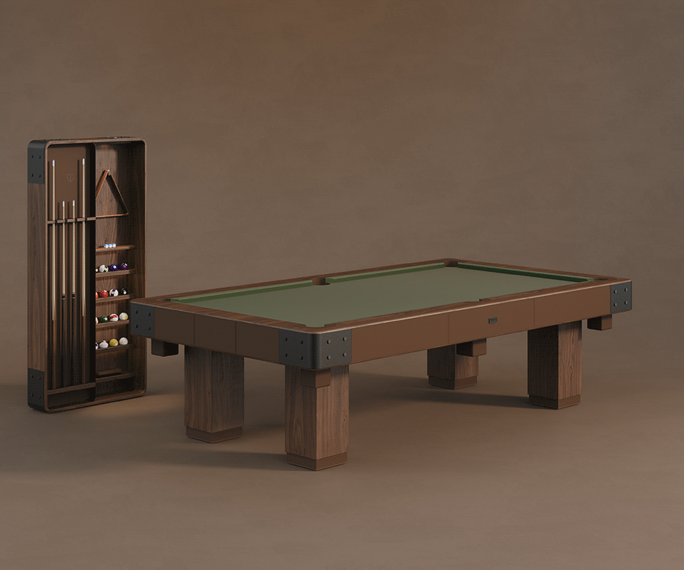 Full view of the Morley Limited-Edition Pool Table and its matching storage cabinet for balls and cues, set against a brown background.