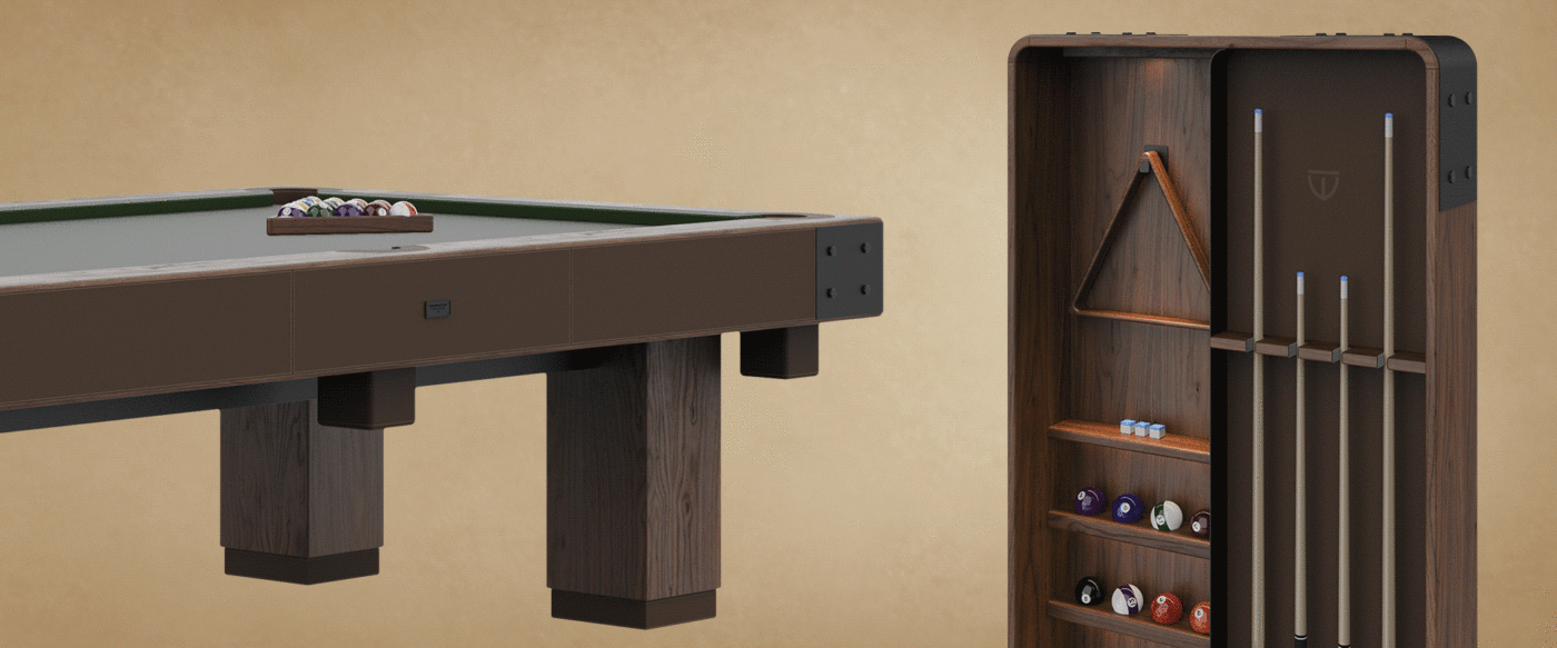 Morley Pool Set Close-up view of the Morley Pool Set table with the adjacent storage unit for balls and cues, highlighting elegant wood craftsmanship.