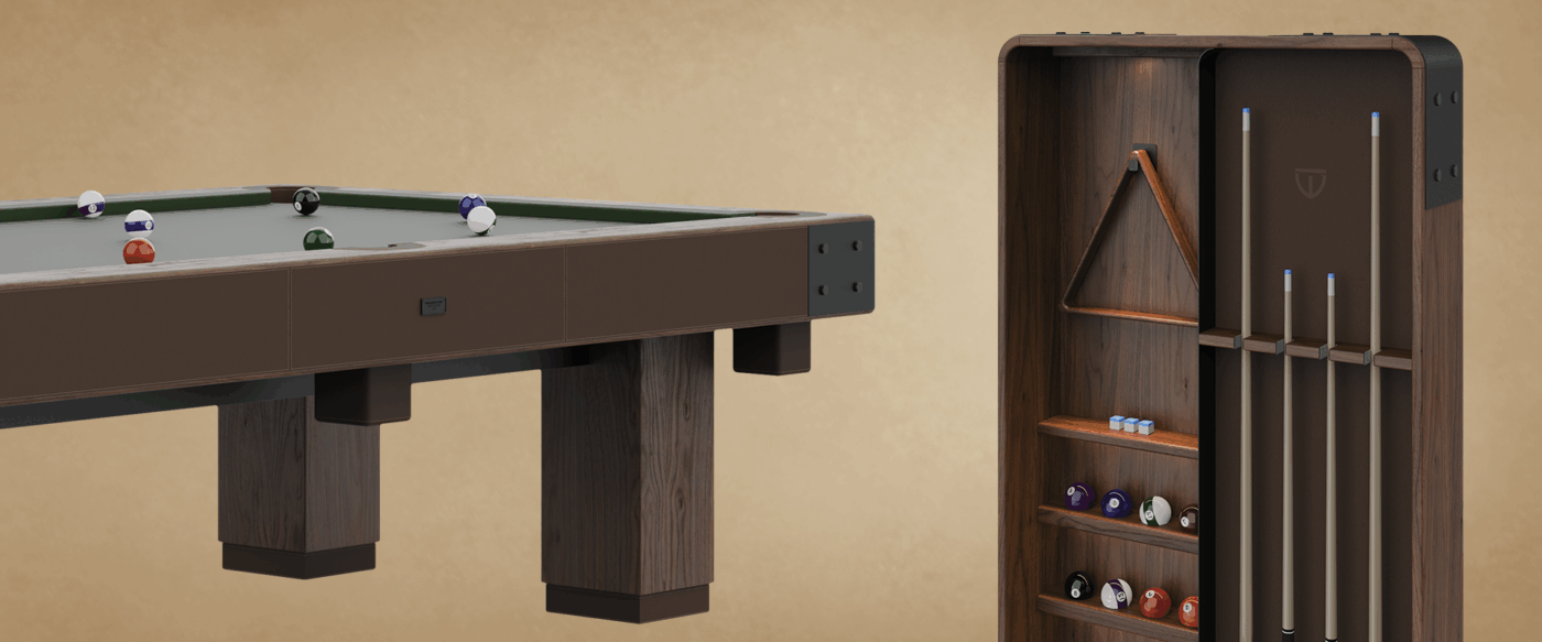Close-up view of the Morley Pool Set table with the adjacent storage unit for balls and cues, highlighting elegant wood craftsmanship.