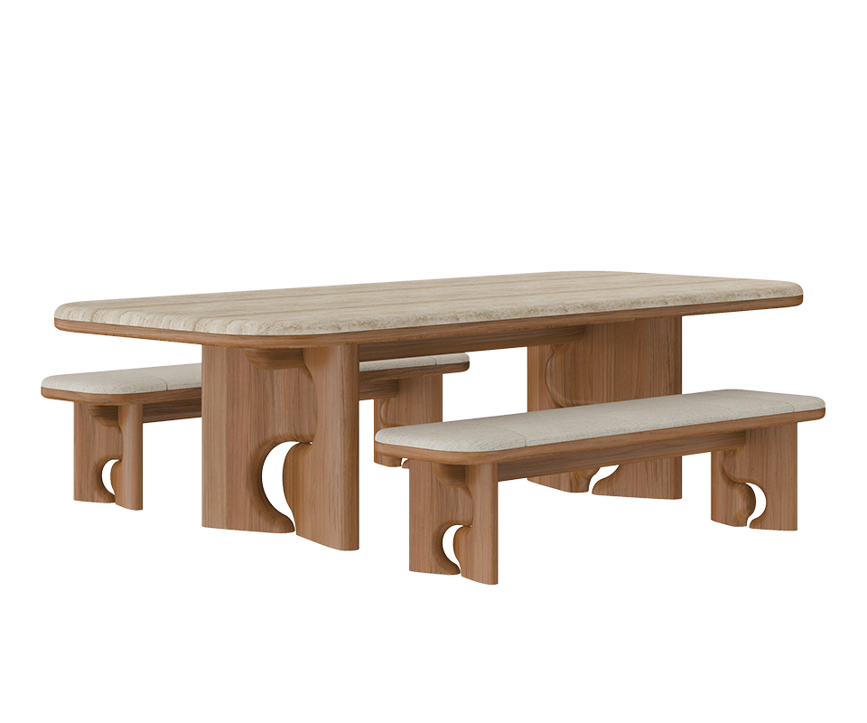 The complete Portman dining set by Wood Tailors Club, featuring a large, rectangular teak wood dining table with unique, sculptural circular cut-outs in the legs. It is paired with matching teak wood benches with elegant, cut-out details, creating a harmonious and durable outdoor dining experience.