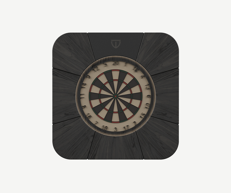 Front view of the Rochford dartboard made of black-stained ash wood, featuring powder-coated stainless steel details.