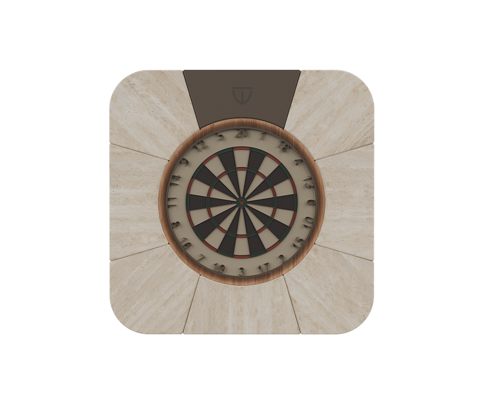 Front view of the Rochford dartboard featuring a travertine structure with walnut and powder coated stainless steel details.