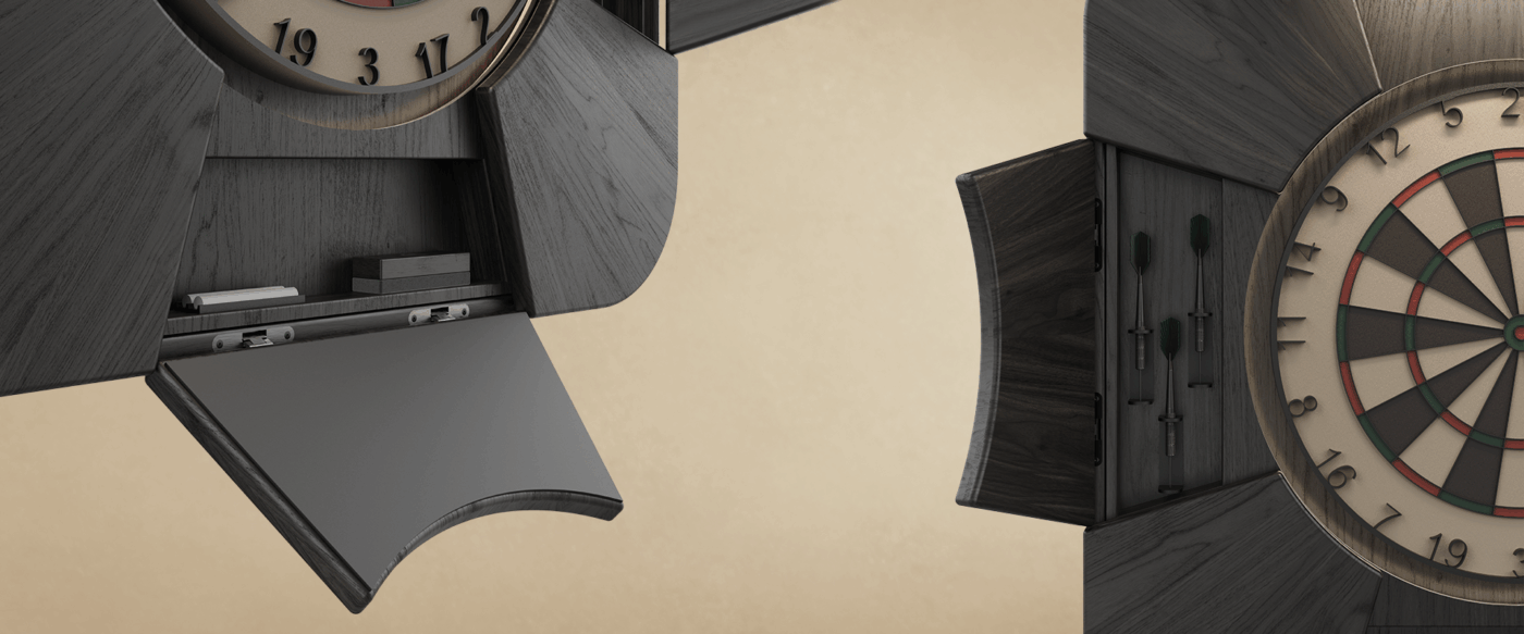 Close-up of the Rochford dartboard in black-stained ash wood showing the powder coated stainless steel details with darts in the open slots and the chalk scoreboard visible below.