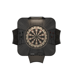 Front view of the Rochford dartboard in black stained ash wood set against a white background with open slots for storing darts an upper slot with integrated light and a lower slot with the scoreboard.