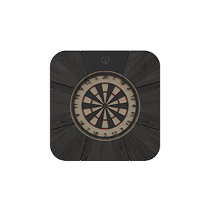 Front view of the Rochford dartboard made of black-stained ash wood, featuring powder-coated stainless steel details.