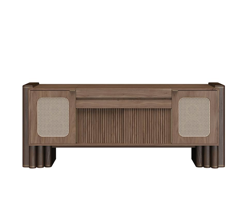 Front view of the closed Ronnie Vinyl Sideboard in dark walnut featuring woven rattan cane door inserts, a slatted center panel, and fluted pillar legs.