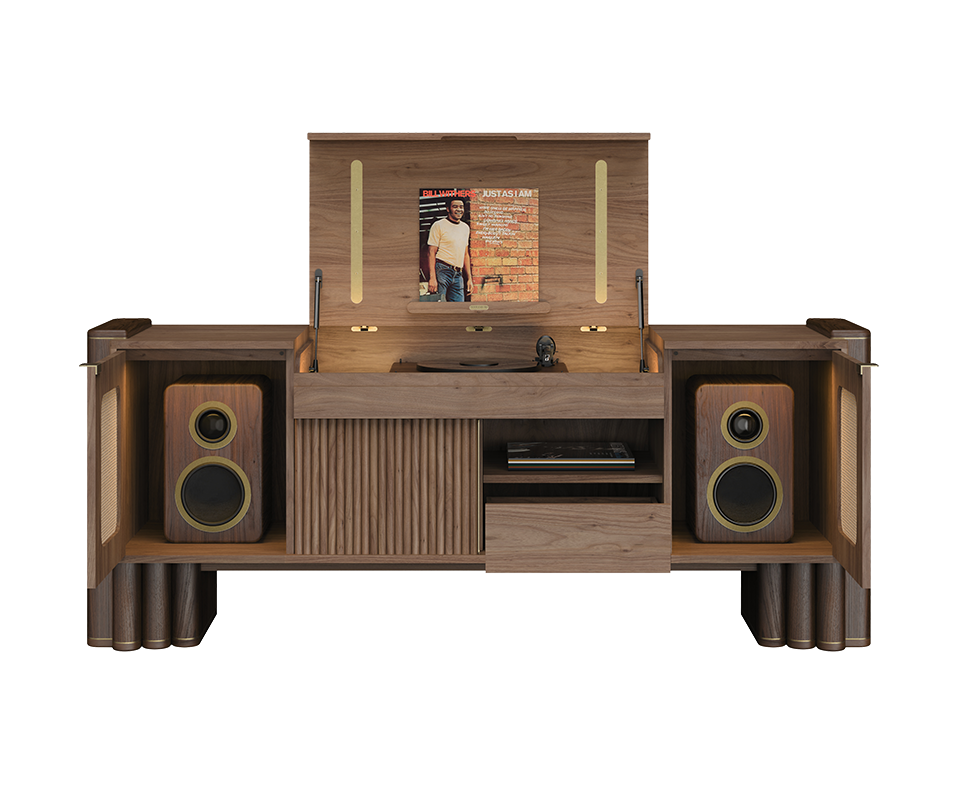Front view of the dark walnut Ronnie Vinyl Sideboard open, showing an illuminated turntable, side speakers, and an open center shelf with an extended storage drawer.