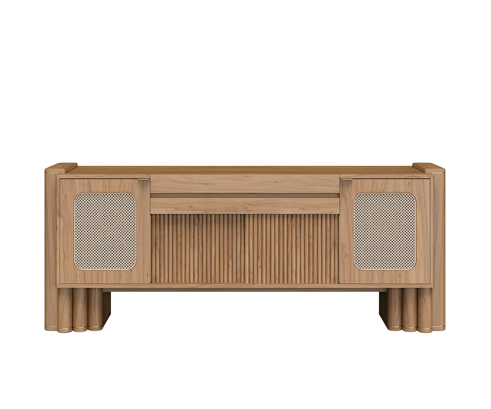 Front view of the closed Ronnie Vinyl Sideboard in a light natural oak finish, featuring light rattan mesh door panels, slatted detailing, and fluted legs.