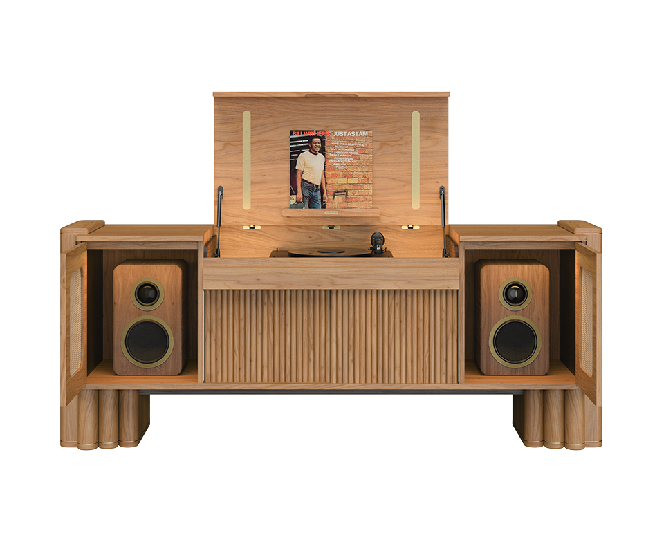 Front view of the light oak Ronnie Vinyl Sideboard open, featuring an illuminated turntable compartment displaying a record vinyl, and side cabinets housing audio speakers.