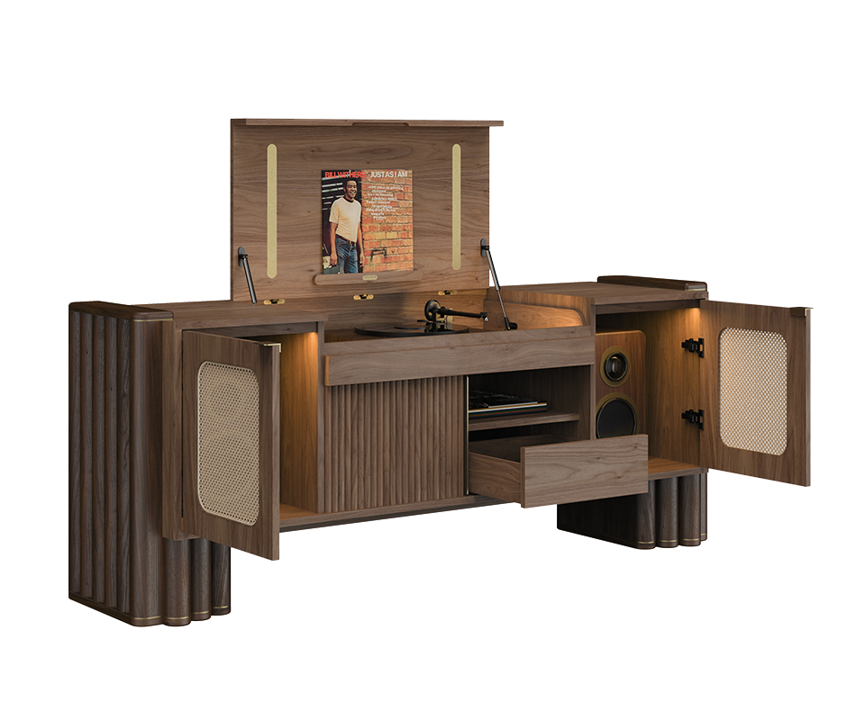 Three-quarter view of the open Ronnie Vinyl Sideboard in dark walnut, showing the open cane doors, illuminated turntable lid with record display, side speakers, and an open middle drawer.