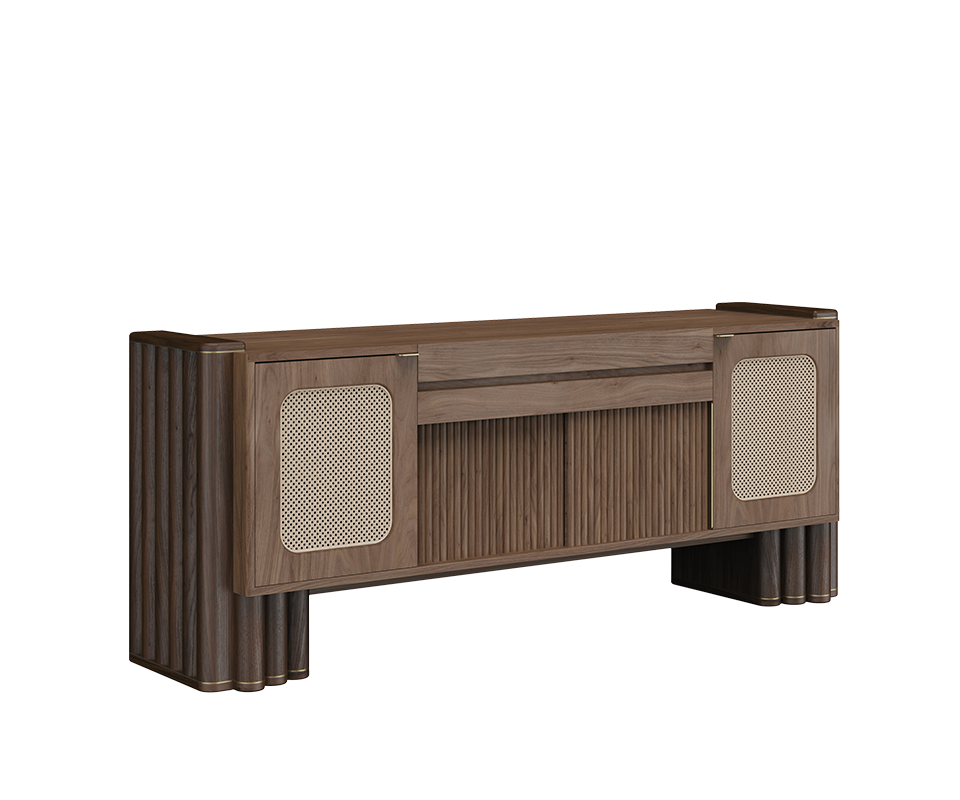 Three-quarter front view of the closed Ronnie Vinyl Sideboard in dark walnut, highlighting the textured fluted side panels, cane doors, and brass rim accents.