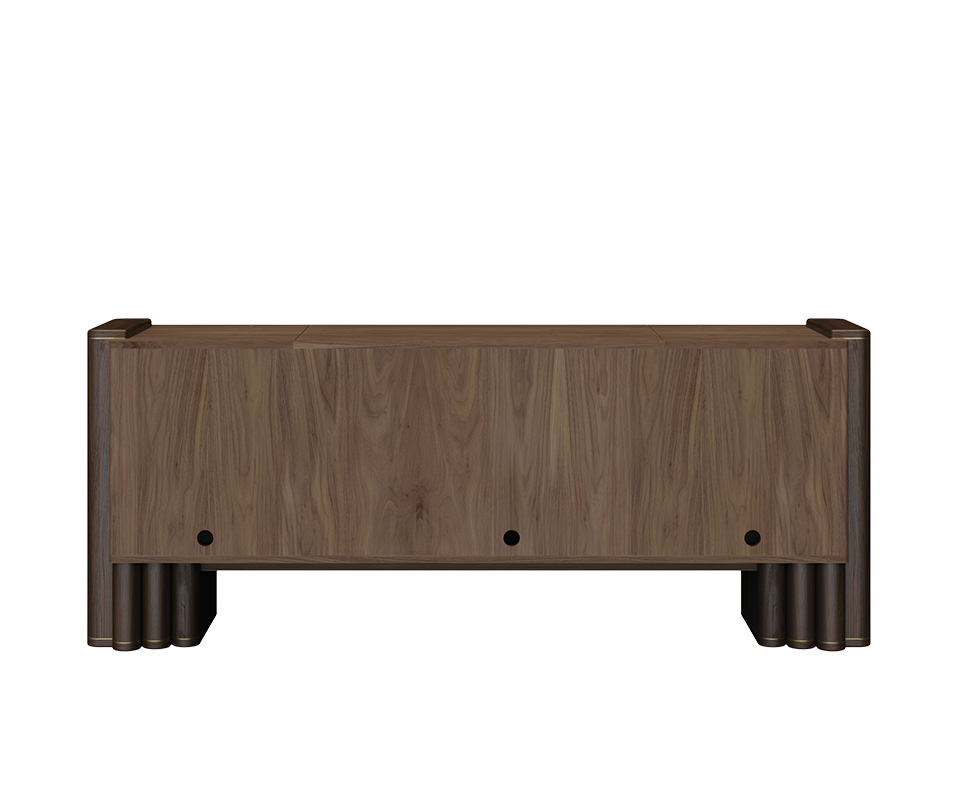 Rear view of the dark walnut Ronnie Vinyl Sideboard, showing the solid wood finish and three circular cable management cutouts.