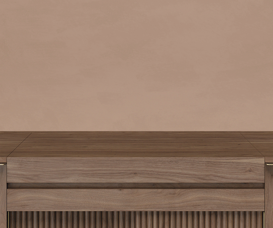 Close-up view of the top surface and upper slatted detail of the dark walnut Ronnie Vinyl Sideboard, highlighting natural wood grain textures. The open view showcases the vinyl music slot.