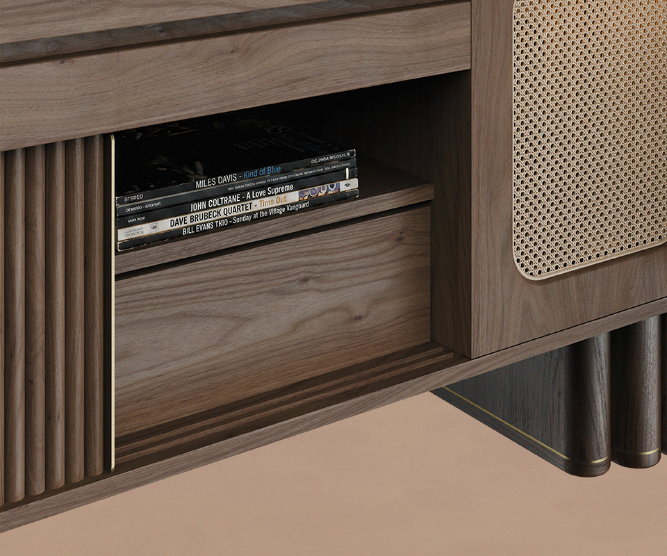 Close-up of the open center section of the Ronnie Vinyl Sideboard, showing a stack of jazz vinyl records stored above an open drawer.