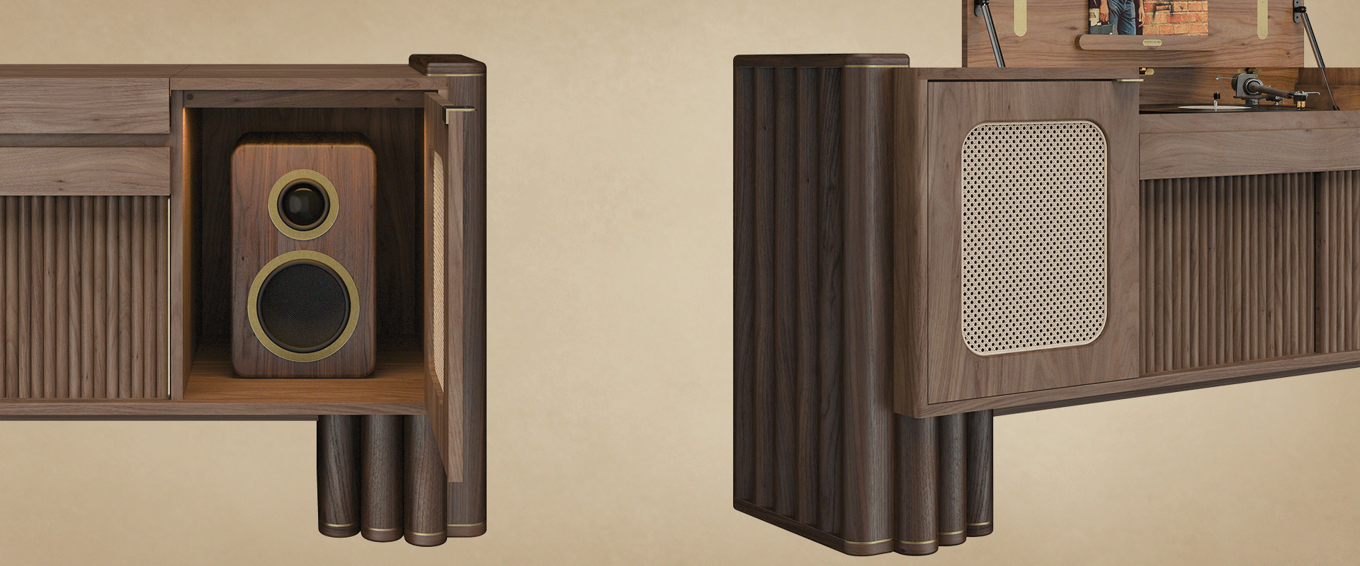 Split view detail highlighting an open speaker cabinet with a built-in speaker on the left and the fluted pillar side profile with a woven rattan door on the right.