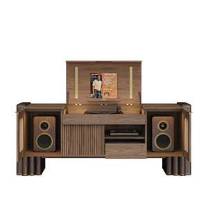 Front view of the dark walnut Ronnie Vinyl Sideboard open, showing an illuminated turntable, side speakers, and an open center shelf with an extended storage drawer.