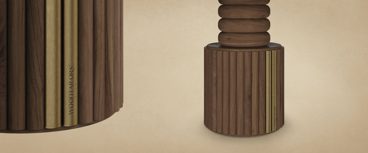 Stuart II Dining Table Close-up detail of the Stuart II Dining Table pedestal base by Wood Tailors Club, highlighting the vertical fluted wooden slats, aged brass accents, and engraved brand logo.