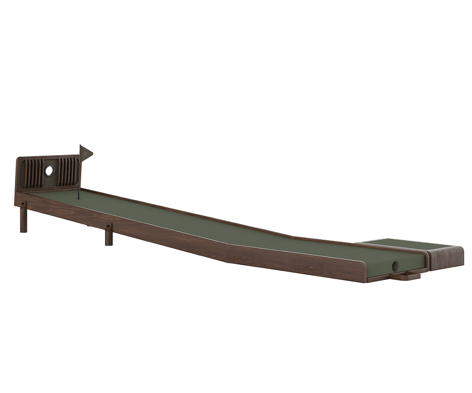 An animated view of the Sutherland Mini Golf set in Smoked Walnut, showing the adjustable leg system that creates an incline for a more challenging uphill putt.