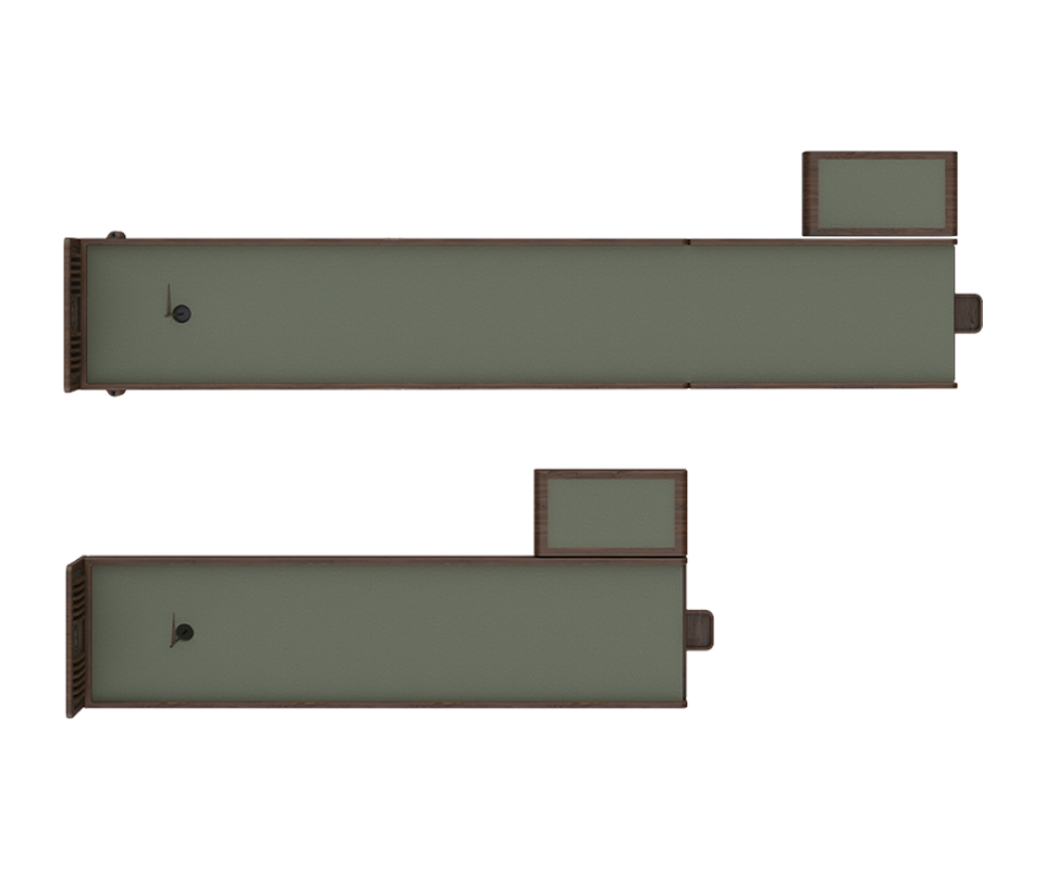 A top-down bird's-eye view comparing two sizes of the Sutherland Mini Golf set in Smoked Walnut: a standard long version and a more compact model, both featuring a side-step platform.
