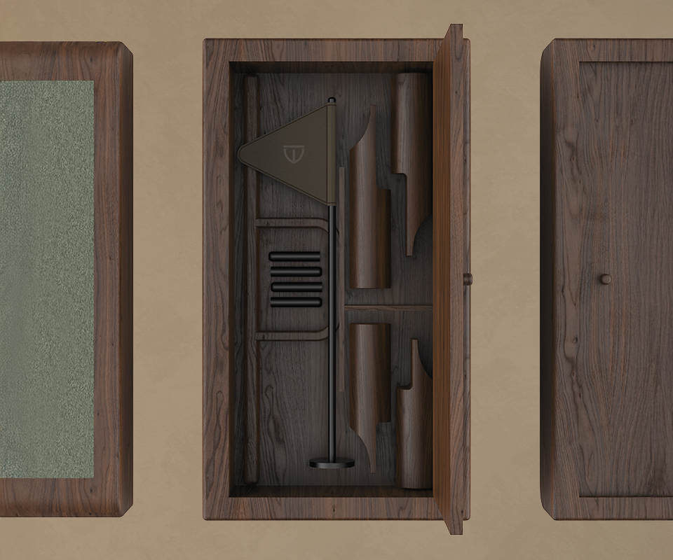 A top-down view of an open Smoked Walnut storage compartment containing the disassembled components of the Sutherland set, including the flag and support legs.