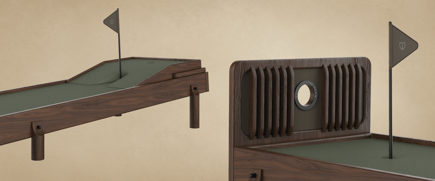 A split-screen detail shot: the left side shows the inclined ramp and flag, while the right side focuses on the "Wood Tailors Club" branded metal ring inside the ribbed headboard.