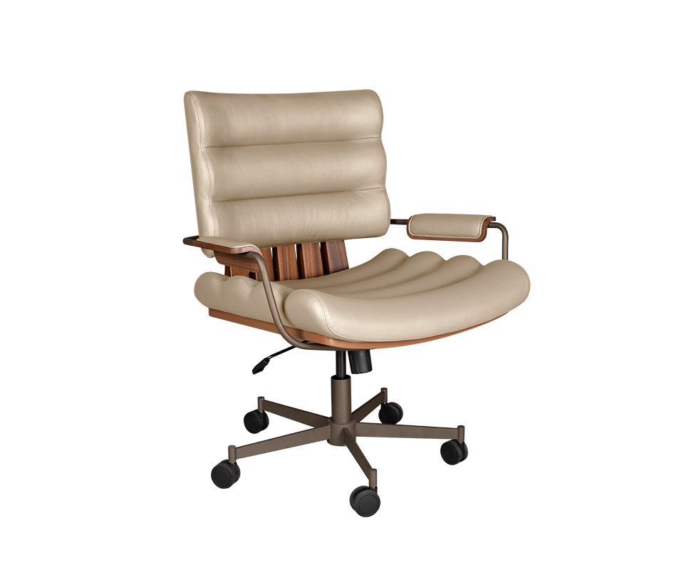 Thomas I office chair in white genuine leather, paired with smoked walnut wood, powder-coated stainless steel, and lacquered wood.