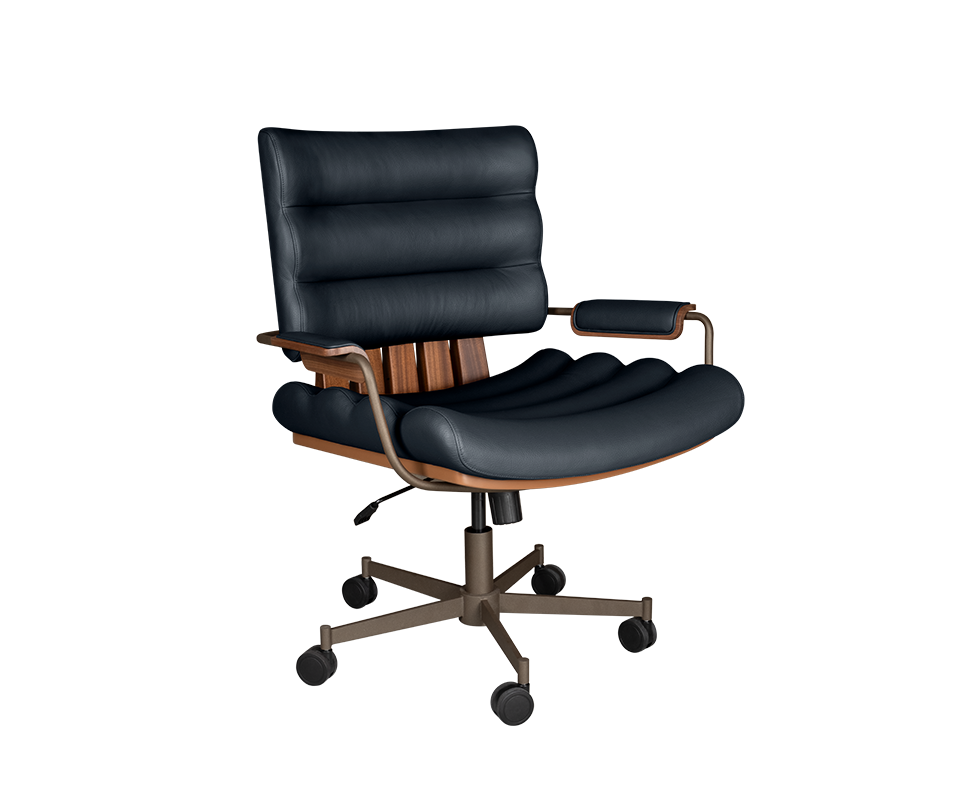 Thomas I office chair in marine blue genuine leather, paired with smoked walnut wood, powder-coated stainless steel, and lacquered wood.