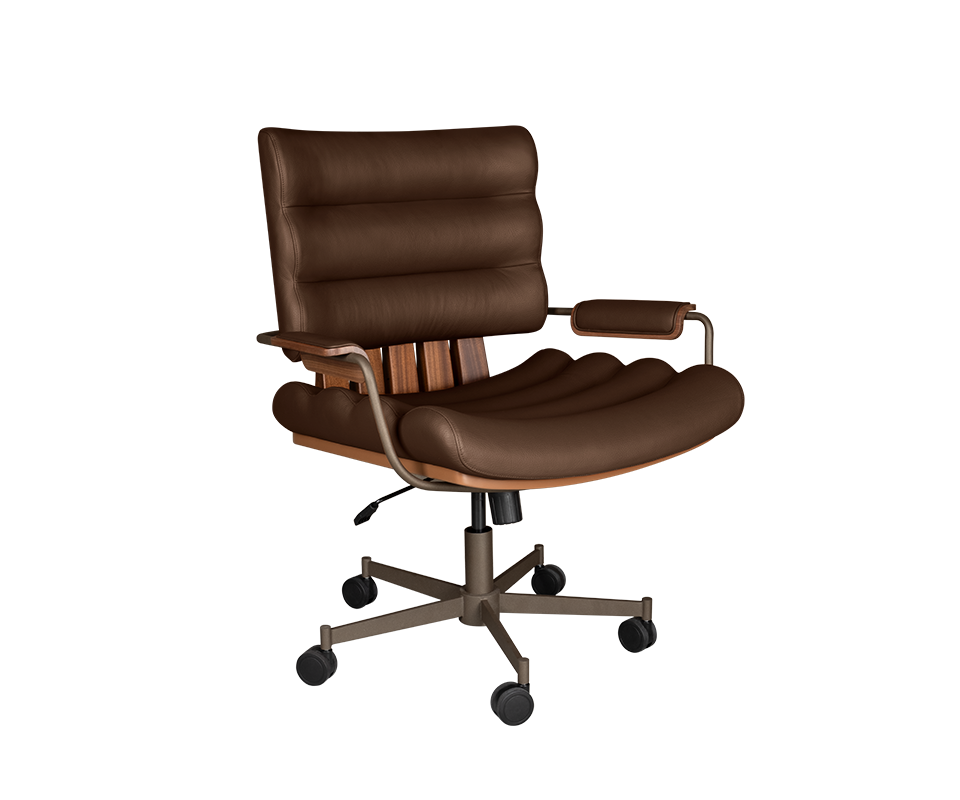Thomas I office chair in brown genuine leather, paired with smoked walnut wood, powder-coated stainless steel, and lacquered wood.