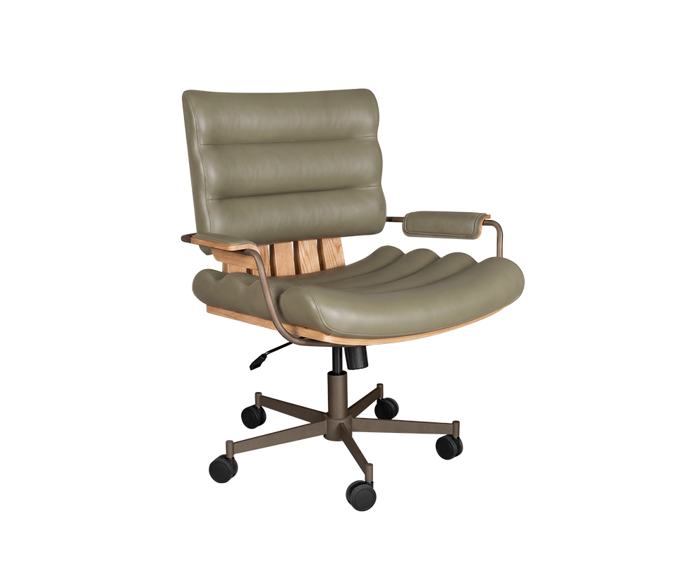 Thomas I Office Chair Thomas I office chair in green genuine leather, paired with smoked walnut wood, powder-coated stainless steel, and lacquered wood.
