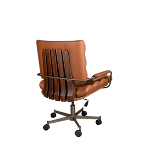 45º back view of the Thomas I office chair, highlighting the sculpted smoked walnut wood back, powder-coated stainless steel structure, and rich orange genuine leather upholstery.