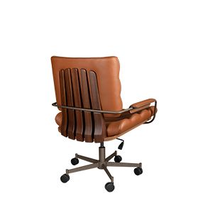45º back view of the Thomas I office chair, highlighting the sculpted smoked walnut wood back, powder-coated stainless steel structure, and rich orange genuine leather upholstery.