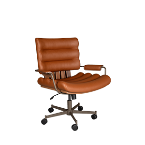 Thomas I office chair in orange genuine leather, paired with smoked walnut wood, powder-coated stainless steel, and lacquered wood.