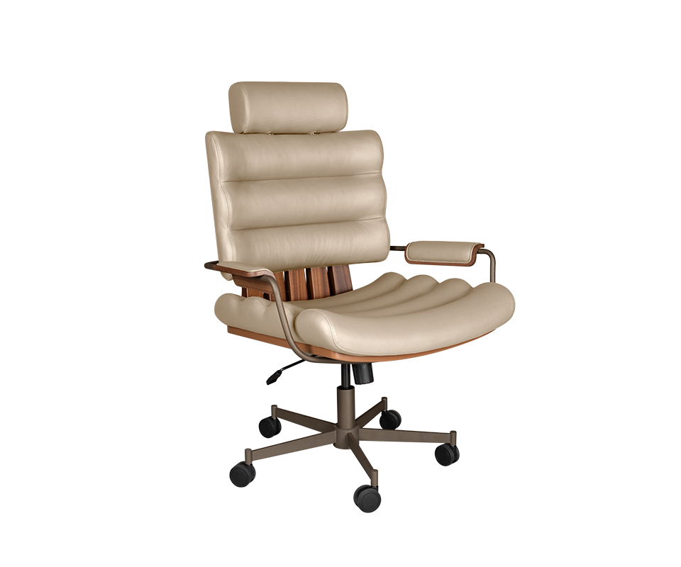 Thomas II office chair in white genuine leather, paired with smoked walnut wood, powder-coated stainless steel, and lacquered wood.