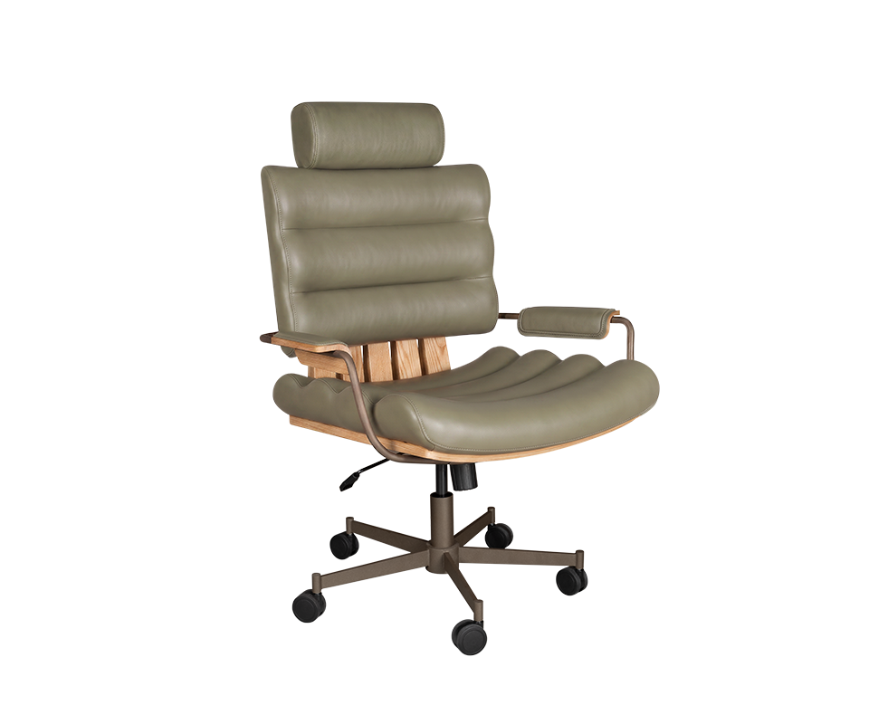 Thomas II office chair in green genuine leather, paired with smoked walnut wood, powder-coated stainless steel, and lacquered wood.