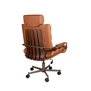 45º back view of the Thomas II office chair, highlighting the sculpted smoked walnut wood back, powder-coated stainless steel structure, and rich orange genuine leather upholstery.
