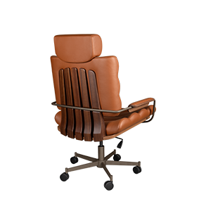 45º back view of the Thomas II office chair, highlighting the sculpted smoked walnut wood back, powder-coated stainless steel structure, and rich orange genuine leather upholstery.